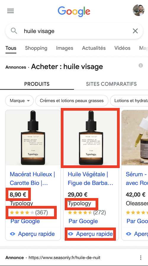 Google Shopping sur mobile